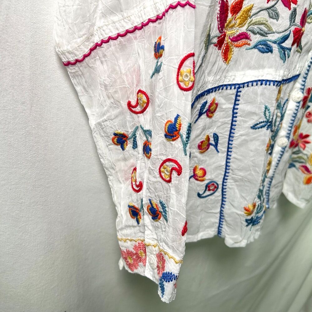 Johnny Was Zodea Almeria White Embroidered Button Front Top PL - Picture 8 of 13